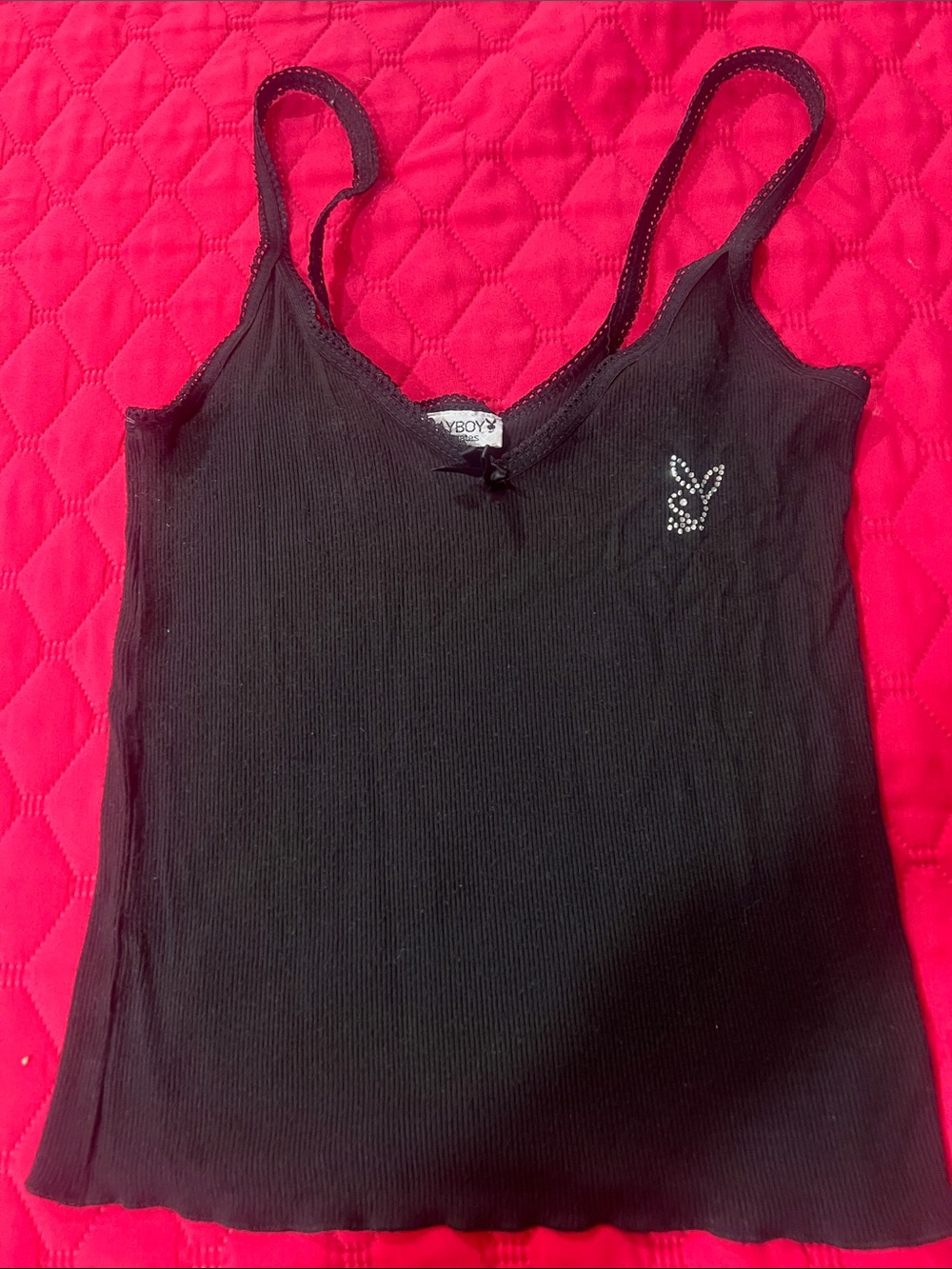PLAYBOY Black Ribbed Camisole Tank with Rhinestone Bunny